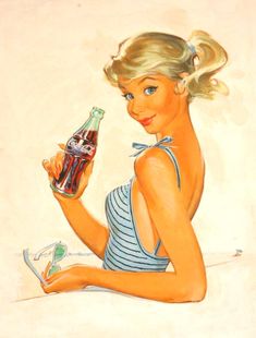 a painting of a woman sitting on the ground holding a beer in one hand and an empty bottle in the other