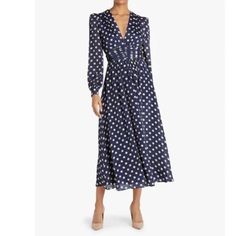 Nwt Ronny Kobo Maria Polka Dot Dress In Navy Blue And Ivory Size Large L New With Tags In Original Packaging. No Flaws. - Midi Dress - Navy Blue And Ivory - Long Sleeves - Plunging Neckline - Slit In The Back - Silk And Viscose Blend - Retail $498 Love The Item But Not The Price? Make An Offer! Black Velvet Midi Dress, Black Midi Dress Bodycon, Cream Midi Dress, Navy Blue Midi Dress, Satin Cocktail Dress, Velvet Midi Dress, Ronny Kobo, V Neck Midi Dress, Lace Shift Dress