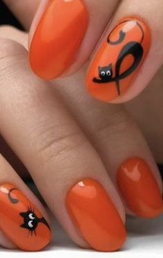 Pin by Kathryn Boyle on Nail designs in 2022 | Cat nails, Animal nails, Pretty nail art designs Pumpkin Face Nail Art, Easy Diy Fall Nails Simple, Halloween Black Cat Nails, Manicure Halloween, Pumpkin Nail, Pumpkin Nail Art, Fingernail Art, Cat Nail Art, Halloween Acrylic Nails