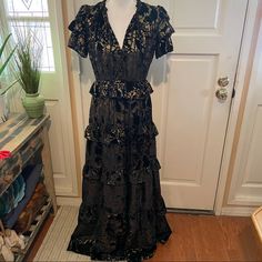 Gorgeous Dress! The Pictures Don’t Do It Justice. Puff/Ruffle Sleeve With Tiered Skirt New With Tags! It’s From A Sample Sale, So The Tag Is Handwritten, Not Like A Regular Tag. Also No Size In The Dress, But All Their Sample Sizes Are A Size 4. Please See Measurements In Photos! Waist Is Elastic So It Has Some Stretch. Could Probably Fit A Size 6 As Well Black Tiered Maxi Dress For Formal Occasions, Fitted Tiered Maxi Dress For Night Out, Black Tiered Maxi Dress For Night Out, Tiered Gown, Black Lace Maxi Dress, Linen Sundress, Empire Waist Maxi Dress, Striped Dress Summer, Burnt Orange Dress