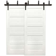 two white sliding doors with black hardware on the top and bottom, against a white background