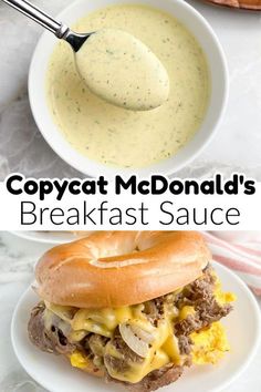 two pictures with different types of food on them and the words copycat mcdonald's breakfast sauce