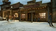 two horses are standing in front of a store on a snowy street with people looking at it