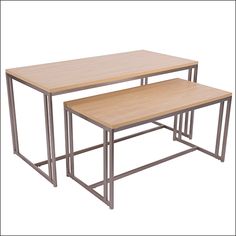 two wooden tables sitting next to each other on top of a white surface with metal legs