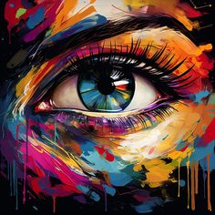 an eye painted in bright colors with paint splatters on the iris's eyes