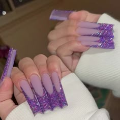 Super Cute And Stylish Ships In 5-10 Business Days Glitter Tip Nails, Purple Acrylic Nails, Purple Nail Designs, Coffin Shape, Baddie Nails, Dope Nail Designs, Long Square Acrylic Nails, Bling Acrylic Nails