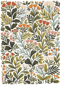 an abstract floral pattern with leaves and flowers on white background, suitable for wallpaper or fabric