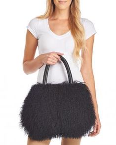 Black Mongolian Lamb Fur Handbag Black Faux Fur Bags For Winter, Black Rectangular Shoulder Bag With Faux Fur Lining, Black Rectangular Bag With Faux Fur Lining, Black Fur Coat With Faux Fur Trim, Fur Handbag, Mongolian Lamb, Mink-colored Faux Fur Coat, Fur Purse, Fur Handbags