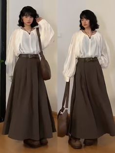 Brown Ootd Aesthetic, Light Academia Long Skirt Outfit, Gender Neutral Skirt Outfits, Japanese Skirt Outfits Long, Long Skirt Big Sweater, Long Skirt Fashion Hijab, 19th Century Outfits, Dark Academia Outfit Women Summer, Medium Skirt Outfits