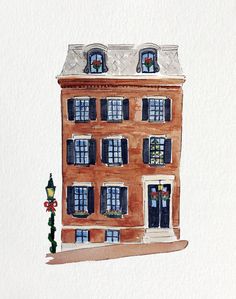 a watercolor drawing of a building with windows and a lamp post on the corner