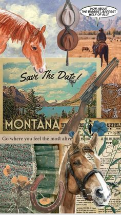 a collage of images with horses, mountains, and other things in the background