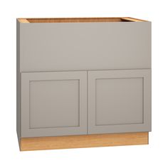 a gray cabinet with two doors on the front and one door open to reveal an empty drawer