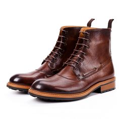 Men's English Boots The upper, fashioned out of sturdy full-grain leather, is detailed with impressive ornamentation. Every hole of the broguing is precise, the placement of the swooping wingtip and pinking is exact. Fine points which really shine on these boots which exemplify how well form can meet function. Stylish Men's Leather Boots It’s worth the effort to create a handsome and timeless boot you can wear with suits, chinos and cool jeans. Stitched soles are the mark of quality footwear. Wi Brown Dress Boots, Men Leather Boots, Casual Leather Boots, Timeless Boots, Boots Outfit Men, Brogues Style, Popular Boots, Brogue Boots, Genuine Leather Boots