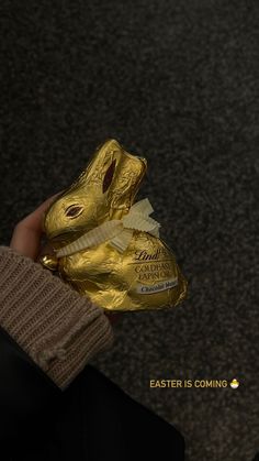 a person holding two pieces of chocolate in their hand with the words easter is coming written on it