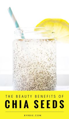 a drink with lemon and chia seeds in a mason jar on a white table