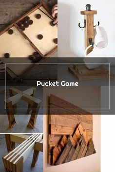 several different types of wooden furniture with the words pucket game above them and below it