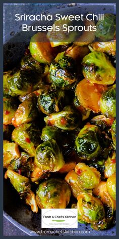 brussel sprouts in a skillet with text overlay