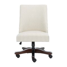 an office chair with wheels and a striped upholstered backrest, viewed from the front