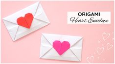 an origami heart envelope is displayed on a pink background with the words, origami heart envelope