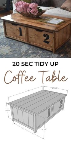 the coffee table is made out of wood and has two drawers on each side, with numbers