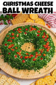 Christmas Cheese Ball Wreath on a cutting board. Cheese Ball Wreath, Christmas Cheese Ball, Cheese Wreath, Cheese Ball Recipes Easy, Traditional Holiday Recipes, No Bake Cherry Cheesecake, Christmas Cheese, Easy To Make Appetizers, Morning Brunch