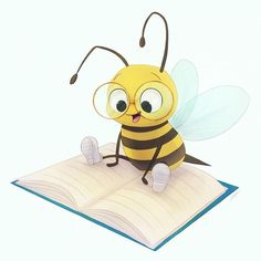 a bee sitting on top of an open book with its eyes wide open and tongue out