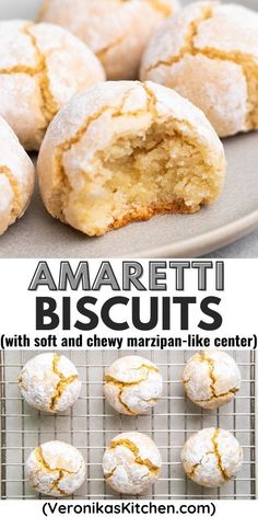 some powdered donuts are on a cooling rack and the words amarettii biscuits with soft and chewy marzian like center