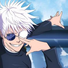 an anime character with white hair and sunglasses on his face, smiling at the camera