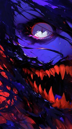 an evil looking monster with its mouth open and glowing red, orange and blue eyes