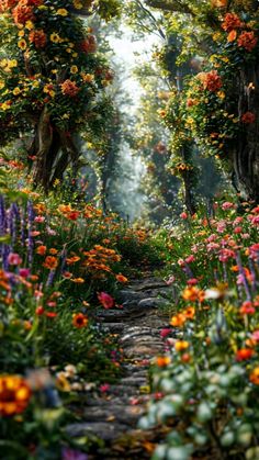 an image of a path that is surrounded by colorful flowers and trees in the background