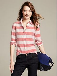 Soft-Wash Horizontal Stripe Shirt - Shirts Classic Washed Tops For Spring, Collared Washed Top For Work, Spring Workwear Shirt, Washed, Pink Washed Long Sleeve Top, Silk Camisole, Women's Blouses, Stripe Shirt, 60 Minutes, Tailored Shirts