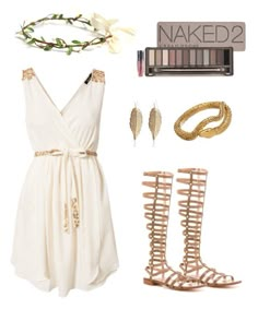 a white dress and accessories are arranged on a white background with the words naked written in gold