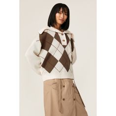 Brown argyle knit (80% Wool, 20% Polyamide) Sweater. Collared neck. Long sleeves. Front button closure. 13" from shoulder to hemline. Imported. Classic Argyle Pattern Sweater For Fall, Preppy Knit Sweater For Fall, Preppy Winter Sweater With Ribbed Collar, Trendy Argyle Pattern Tops For Fall, Rent The Runway, Polo Sweater, Closet Designs, White Sweaters, Sweater Top