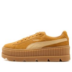 Puma Fenty x Womens WMNS Cleated Creeper 'Golden Brown' Golden Brown-Lark Sneakers/Shoes Brown Platform Shoes, Puma Creepers, Puma X Fenty, Puma Fenty, Beige Sneakers, Suede Trainers, Suede Fashion, Rihanna Fenty, Puma X