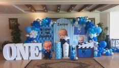 Baby Backdrop Ideas, Boss Baby Theme, Theme Birthday Decoration, Birthday Theme Decoration, Baby Backdrop, Boss Birthday, Baby Birthday Decorations