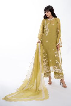 Lila (B) Spring Lawn Suit In Pista Green With Zari Work, Pista Green Lawn Suit With Zari Work For Spring, Spring Pista Green Lawn Suit With Zari Work, Spring Lawn Suit With Zari Work In Pista Green, Elegant Pista Green Chanderi Lawn Suit, Pista Green Chikankari Anarkali Set In Organza, Spring Organza Dupatta With Zari Work, Green Georgette Unstitched Suit For Spring, Spring Organza Kurta With Zari Work