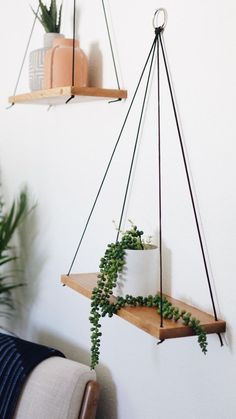 two hanging shelves with plants on them