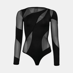 OW Collection SPIRAL Bodysuit Bodysuit 002 - Black Caviar Elegant Bodysuit, Bodysuit Designs, The Spiral, Natural High, Mesh Sleeves, Italian Fabric, Black Bodysuit, Independent Designers Fashion, Contemporary Fashion