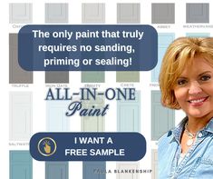 a woman with blonde hair is smiling for the camera and has an all - in - one paint ad