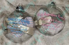 Are you like me, and, I'm sure so many other moms or dads, who have the items placed/used on our babies from the hospital just stuffed in a drawer somewhere. Here's a beautiful solution! Boy ornaments will be done in the traditional light blue with a more block font and girl ornaments will be in light pink with a script font, unless otherwise specified in order notes (colors and font style can be changed in the personalized section). | Newborn Keepsake Ornament Hospital Decoration, Baby Christmas Decorations, Newborn Christmas Gifts, Christmas Birth Announcement, Baby Hospital Hat, Baby Christmas Ornaments, Travel Ornament, Gifts For Moms, Baby's First Christmas Ornament