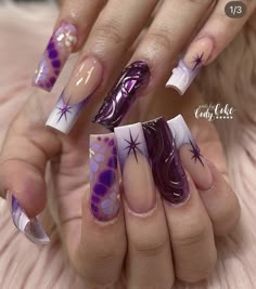 Chaotic Nail Designs, Autumn Nails Purple, Amethyst Nails Designs, Purple Xmas Nails, Spring Nail Inspo 2024, Rare Nail Designs, Pink And Purple Nails Designs, Y2k Nails Design, Funky Acrylic Nails