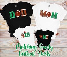 Throwing a football themed birthday party?  These shirts would be a perfect addition! HOW TO ORDER Step 1: Select shirt color and size. Step 2: Select Style (Mom, Dad, Sis, Bro, One, Two) Step 3: Purchase, sit back, and I'll take care of the rest! Send me a message if you have any questions or customization request. DETAILS - Print image on Infant (12-18 months) is about 5"(W) x 2"(H) - Print image on Toddler shirt is about 6" (W) x 4"(H) - Print image on Youth shirt is about 7"(W) x 3"(H) - Print image on Adult shirt is about 11"(W) x 5"(H) - All products are printed with DTF (direct-to-film) and we heat press every single     shirt ourselves so we know exactly the quality of the item we ship to you - our     valued customers! - DTF transfers provide an amazingly soft hand-feel, resulting Football Themed Birthday Party, Throwing A Football, Sis Bro, First Birthday Shirt, Single Shirt, First Birthday Shirts, Football Birthday, Shirt Football, Football Kids