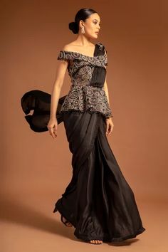 Shop for Sejal Kamdar Black Pure Satin Crepe Ajrak Print Peplum Saree Gown for Women Online at Aza Fashions Ajrak Print, Saree Gowns, Off Shoulder Sleeves, Saree Gown, Black Pure, Black Saree, Black Peplum, Gowns Online, Fashion App