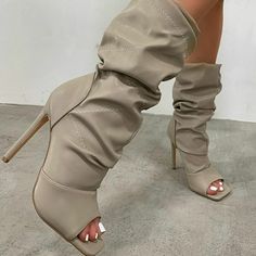 Brand New! Nude Ruched Square Toe Booties, With Stitching Detail Though Out, Inside Zip, Elastic Cuff And Stiletto Heel. Heel Height Approx 4.5" Faux Leather Upper, True To Size 11 Size 11 Women Shoes, Peep Toe Boots, Boutique Shoes, Fashion Shoes Heels, Cute Shoes Heels, Shoes Heels Classy, Fancy Shoes, Wedge Ankle Boots, Shoe Boutique