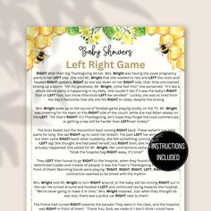 the baby shower left right game is shown in yellow and white with flowers on it