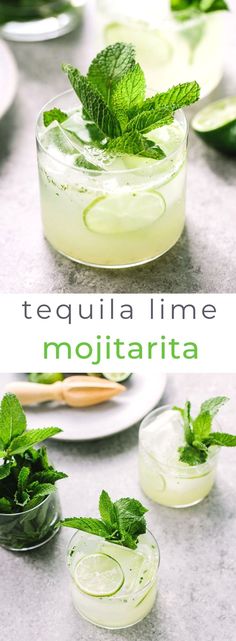 two glasses filled with mojita limes and mint garnish on top