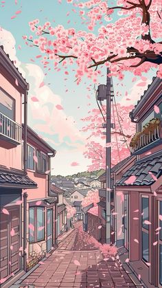 an image of a city street with pink flowers on the trees and buildings in the background