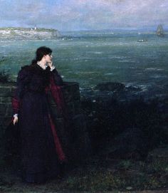 a painting of a woman standing on the edge of a cliff looking out to sea