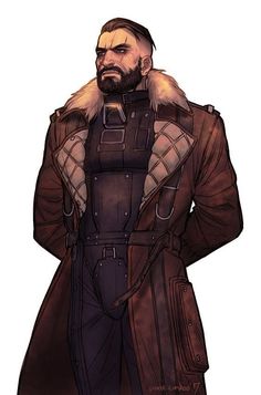 a drawing of a man with a beard wearing a leather outfit and fur collared coat