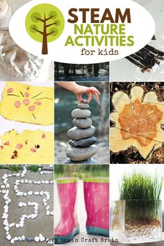 a collage of different activities for kids to do with rocks and grass on the ground